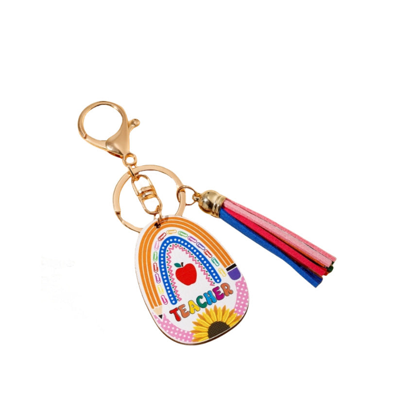 Wholesale Graduation Season Gift Teacher Rainbow Wooden Tag Tassel Keychain